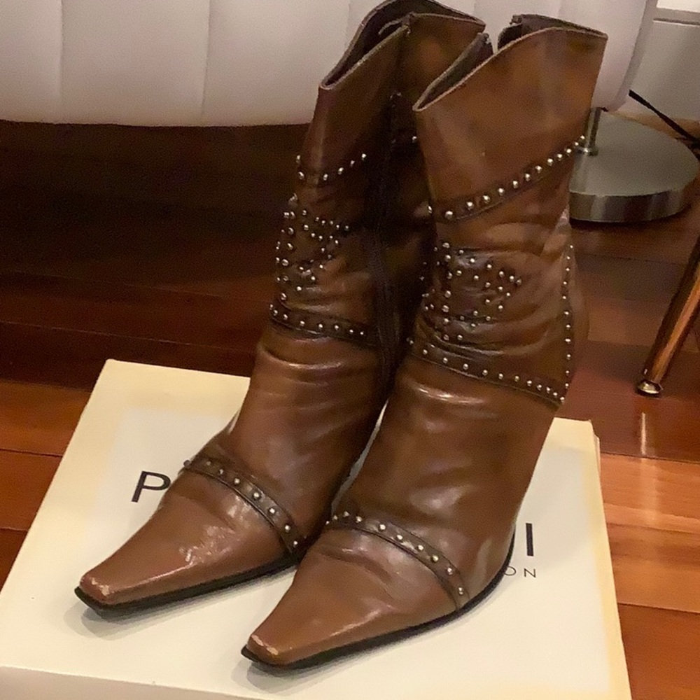 Brown Studded Leather Ankle Boots